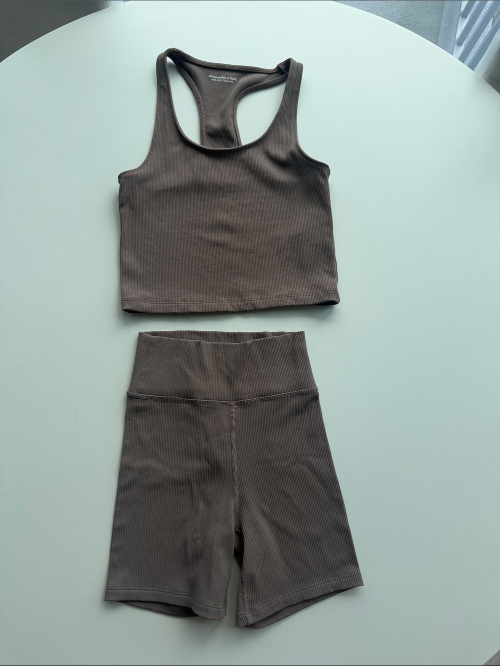 Abercrombie Ribbed Racerback Crop Top & High-Waist Bike Shorts Set in Brown